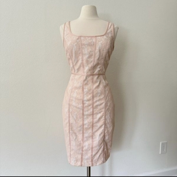 Cache Dresses & Skirts - Cache Vintage Pink & White Lace Sheath Dress Sleeveless Scoop Neck Satin Trim- 8